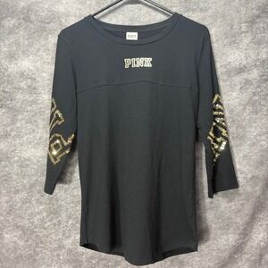 PINK Victoria's Secret Black Sequin 3/4 Sleeve T Shirt Womens Size S Y2K Campus